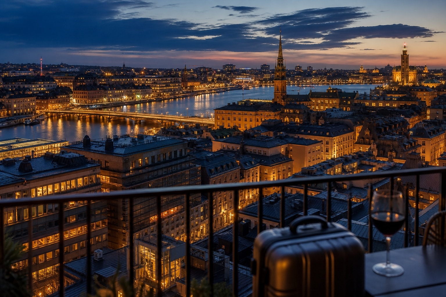 Blue hour from a hotel balcony overlooking a lit city and harbor