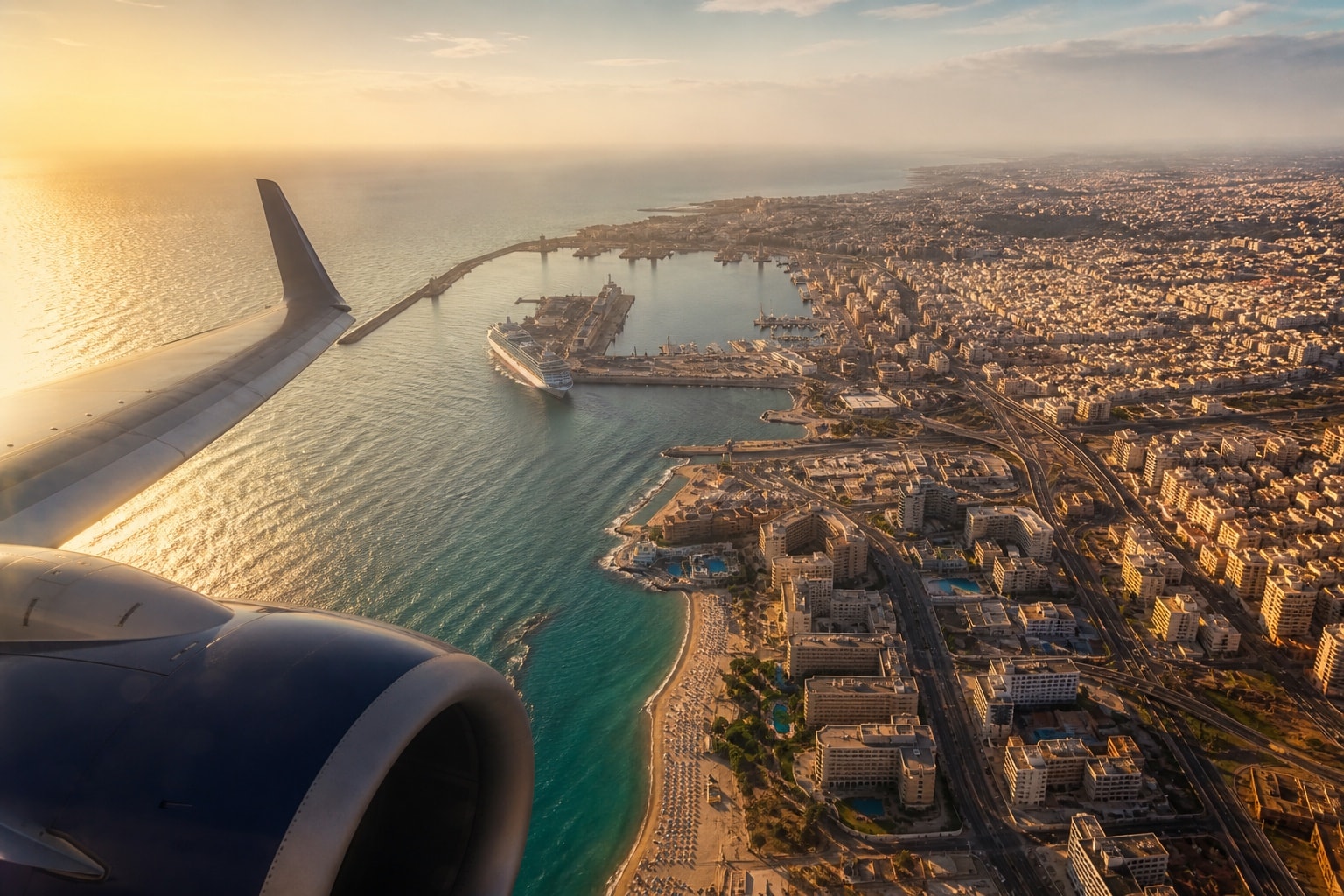 A commercial airplane wing over a sunlit coastal city and harbor
