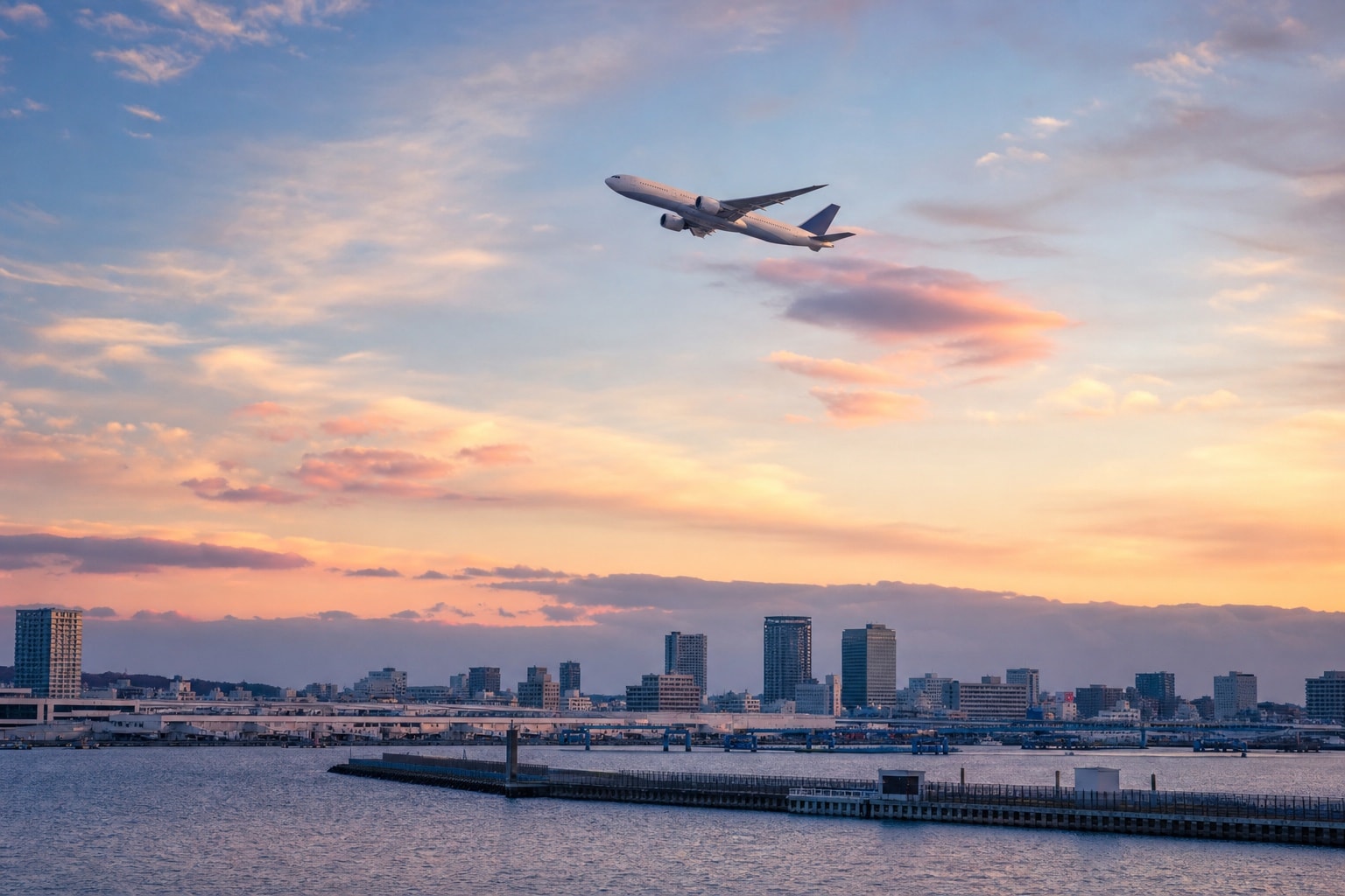 A passenger jet climbing into dawn over a coastal city