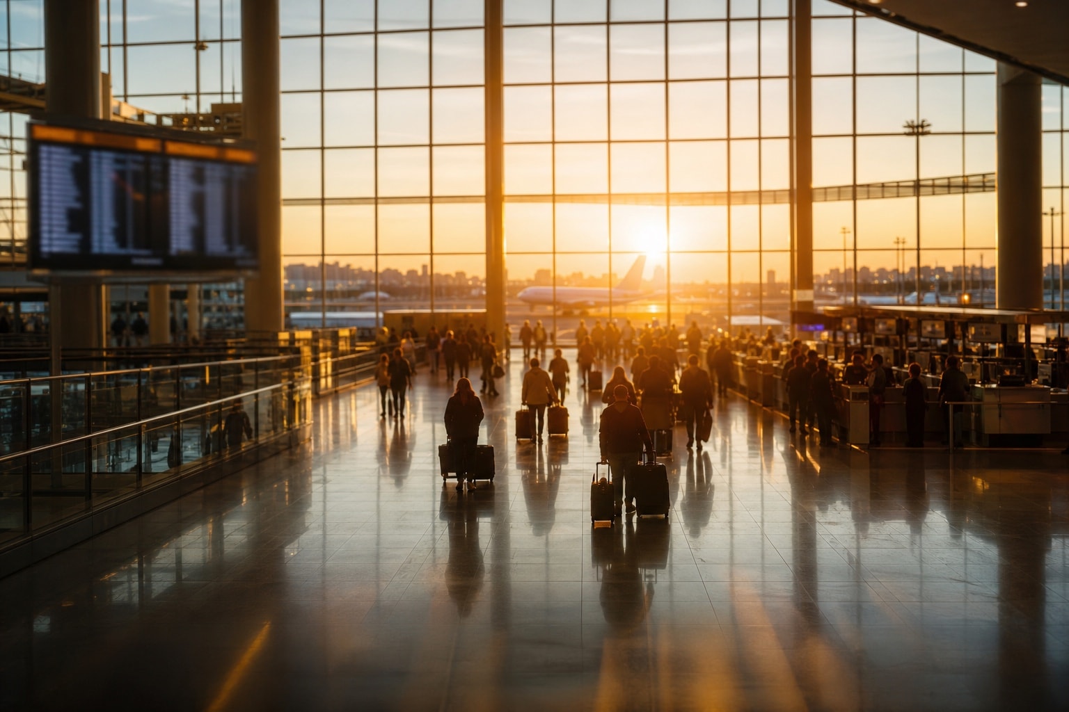 Sunlight filling a grand railway station as travelers cross the hall