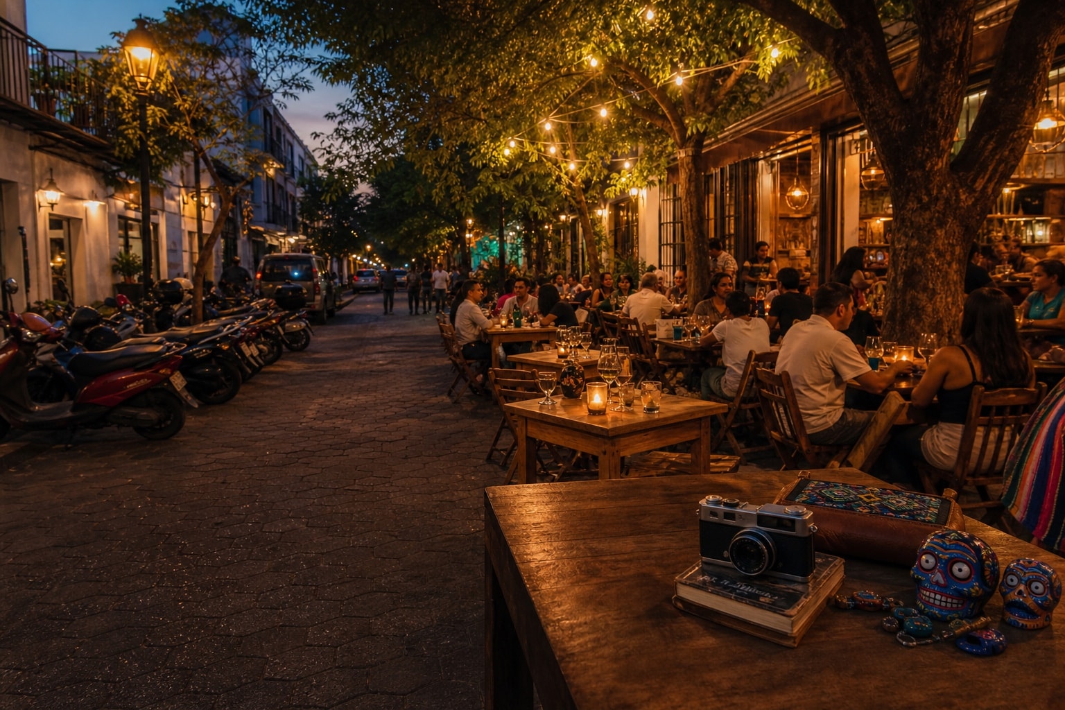 Evening at a neighborhood restaurant terrace on a tree-lined city street