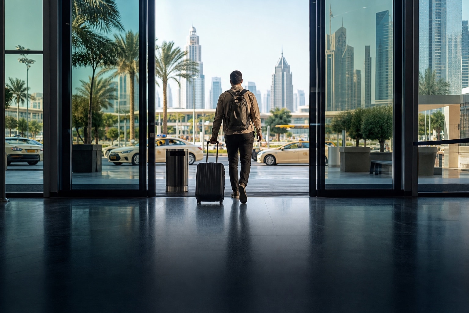 Walking out of an airport terminal into daylight and a waiting city