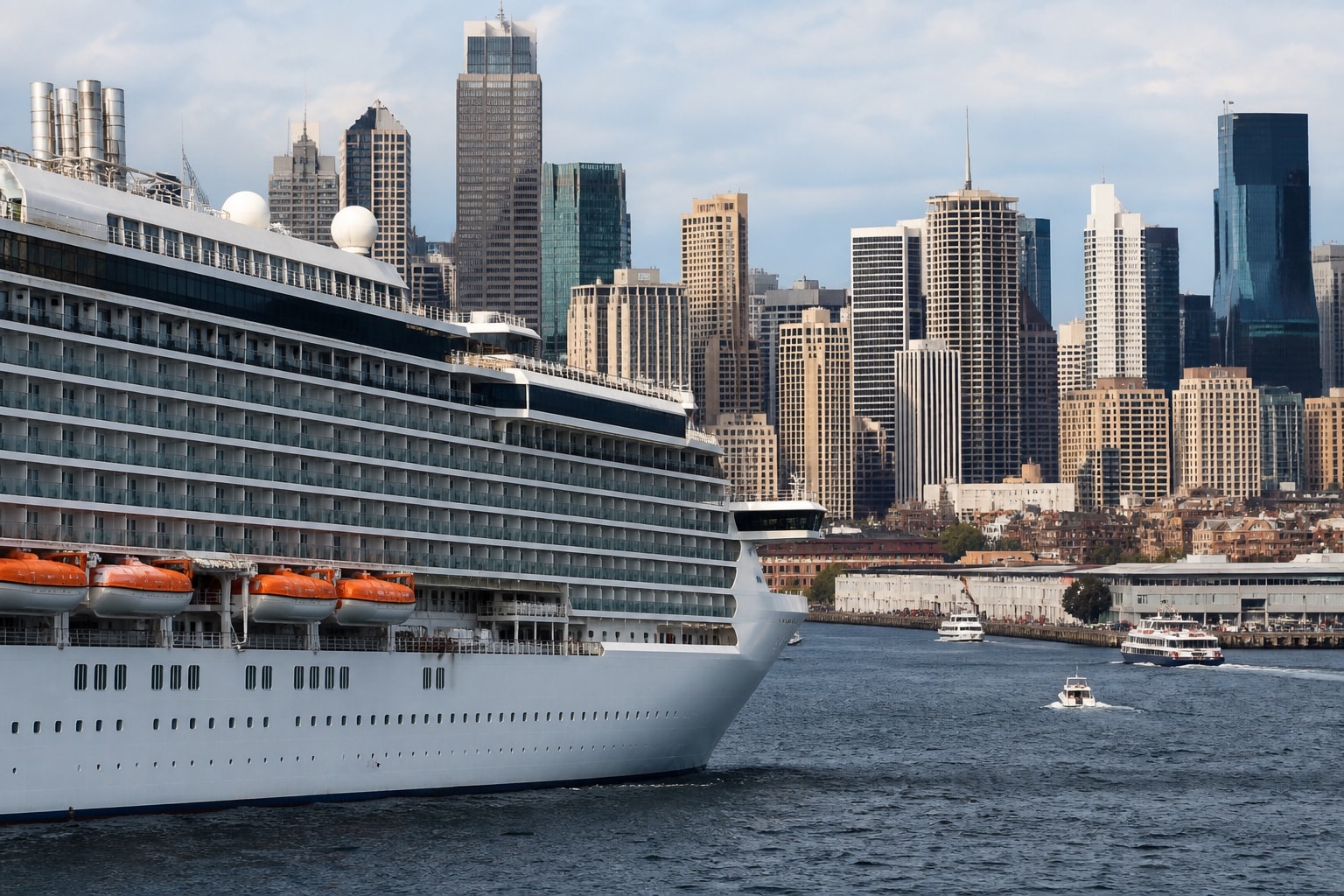 A cruise ship in a city harbor with the skyline rising behind it